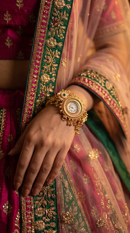 Heritage red stone and pearl Rajwadi watch for Karwa Chauth