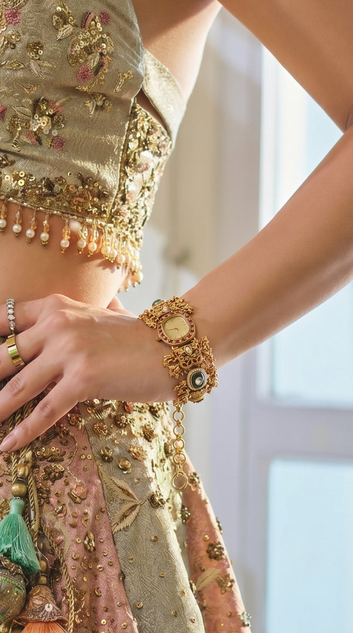 Ranisa Heritage Pink and Green Meenakari Kundan Watch by Cunei India