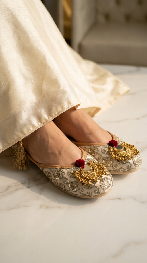 White Mirror Work Jutti for Women by Cunei India