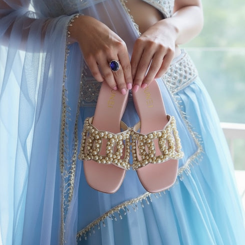 Salmon Pink Pearl Motif Wedges