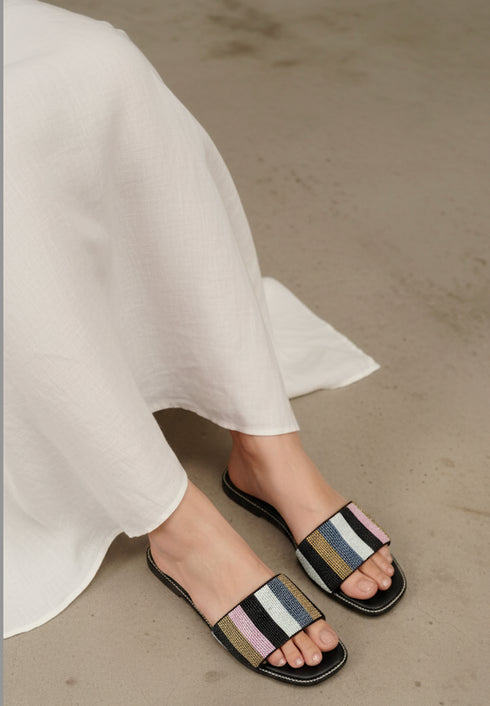 Black - Multicolored Beaded Flats