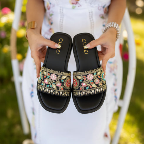 Festive Black Floral Embroidered Slider