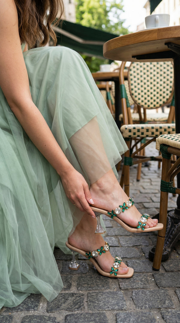 Emerald Green & White Crystal Two Strap Heels