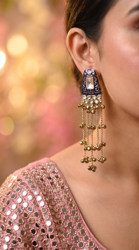 Dark Blue Meenakari Cascading Jhumka Earrings