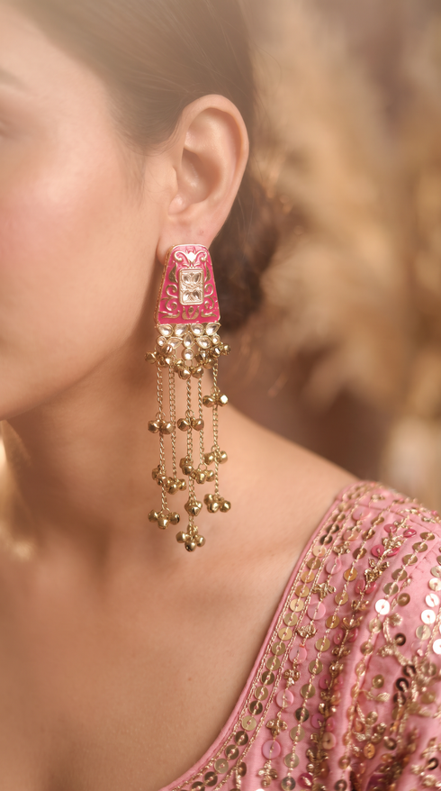Pink Meenakari Cascading Jhumka Earrings