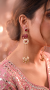 Antique Pink Elephant Drop Earrings with Stones & Pearl Tassels
