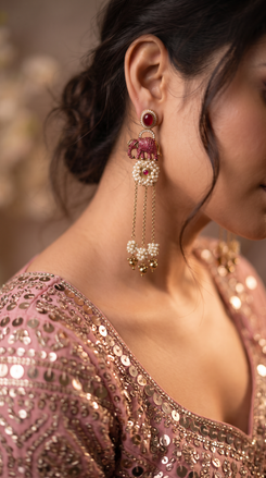 Antique Pink Elephant Drop Earrings with Stones & Pearl Tassels