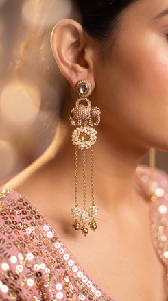 Antique Golden Elephant Drop Earrings with Stones & Pearl Tassels