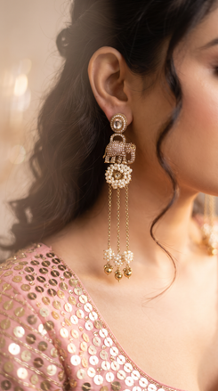 Antique Golden Elephant Drop Earrings with Stones & Pearl Tassels