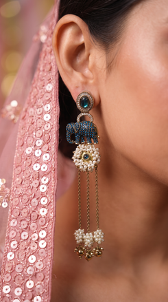 Antique Aqua Elephant Drop Earrings with Stones & Pearl Tassels
