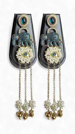 Antique Aqua Elephant Drop Earrings with Stones & Pearl Tassels