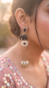 Antique Navy Blue Elephant Drop Earrings with Stones & Pearl Tassels