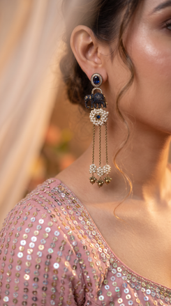 Antique Navy Blue Elephant Drop Earrings with Stones & Pearl Tassels
