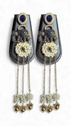 Antique Navy Blue Elephant Drop Earrings with Stones & Pearl Tassels