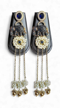 Antique Navy Blue Elephant Drop Earrings with Stones & Pearl Tassels
