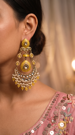 Yellow Meenakari Enamel Chandbali Earrings for Women