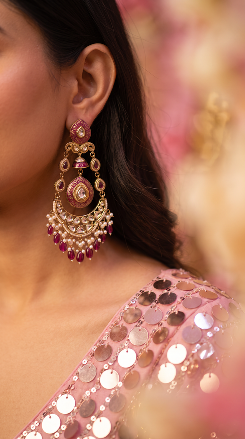 Pink Meenakari Enamel Chandbali Earrings for Women