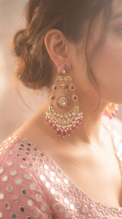 Pink Meenakari Enamel Chandbali Earrings for Women