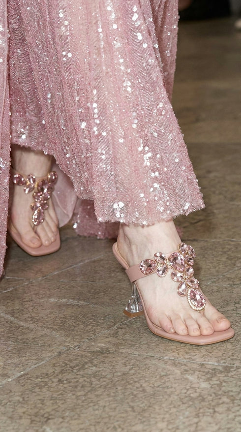Light Pink Stone T-Strap Heels for Women - Party & Wedding Wear