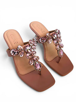 Light Pink Stone T-Strap Heels for Women - Party & Wedding Wear