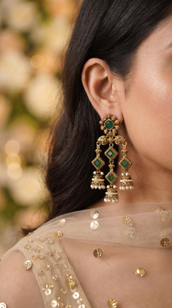 Antique Chandelier Jhumki Earrings with Green Stones side view, Cunei India