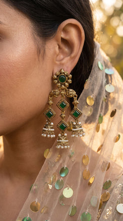 Antique Chandelier Jhumki Earrings with Green Stones product photo, Cunei India