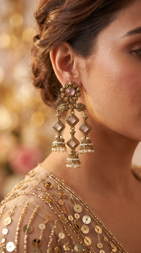 Antique Chandelier Jhumki Earrings with Pastel Pink Stones for women, Cunei India