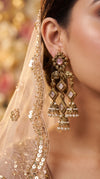 Antique Chandelier Jhumki Earrings with Pastel Pink Stones side view, Cunei India
