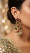 Antique Chandelier Jhumki Earrings with Red and Green Stones for women, Cunei India