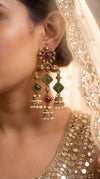 Antique Chandelier Jhumki Earrings with Red and Green Stones side view, Cunei India