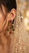 Antique Chandelier Jhumki Earrings with Red and Green Stones product photo, Cunei India