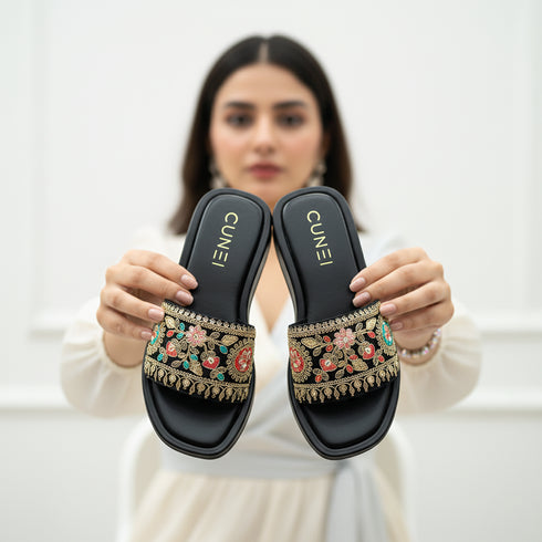 Festive Black Floral Embroidered Slider