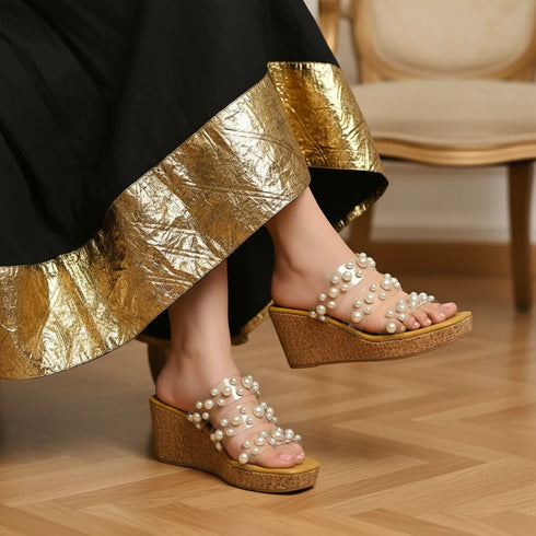 Clear Tan Pearl Wedges