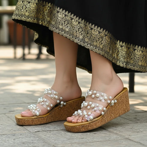 Clear Tan Pearl Wedges