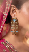 Blue and Gold Pearl Jhumka Earrings side view, Cunei India