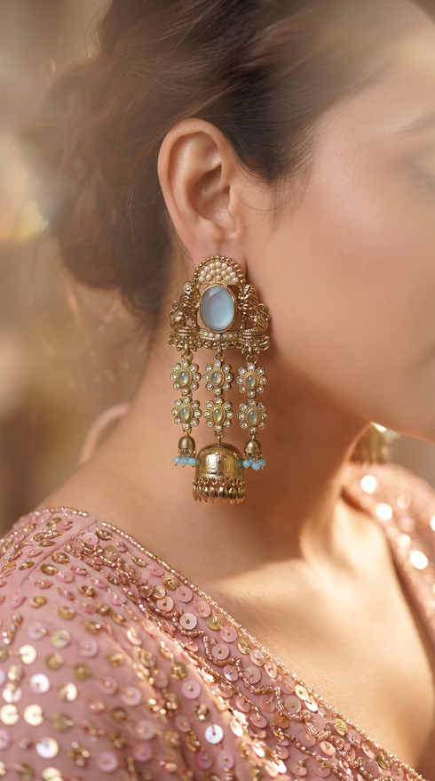 Blue and Gold Pearl Jhumka Earrings product photo, Cunei India