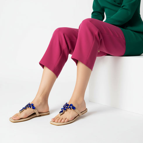 Dark Blue Stone T-Strap Flats