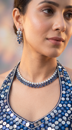 Blue and White Oval Sapphire Diamond Cluster Cz Necklace Set side view, Cunei India