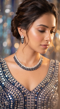 Blue and White Oval Sapphire Diamond Cluster Cz Necklace Set product photo, Cunei India