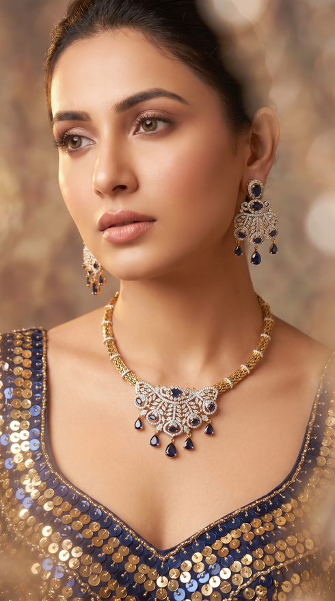 Blue and White Teardrop Cluster Pendant Cz Ethnic Necklace Set for Women, Cunei India