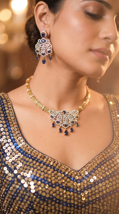 Blue and White Teardrop Cluster Pendant Cz Ethnic Necklace Set side view, Cunei India
