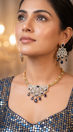 Blue and White Teardrop Cluster Pendant Cz Ethnic Necklace Set product photo, Cunei India