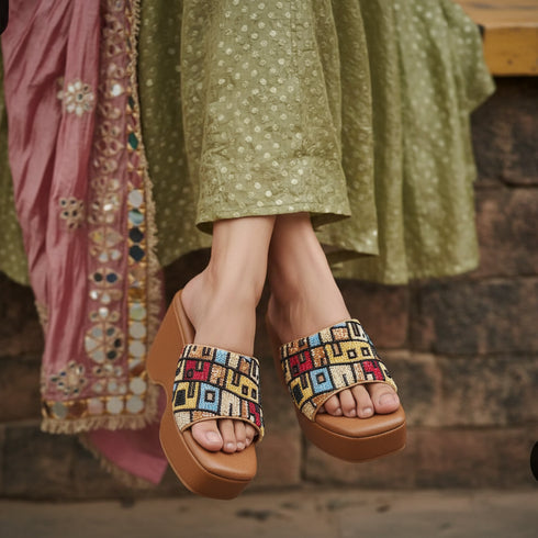 Hand-Embroidered Boho Brown Wedges - Womens Fashion