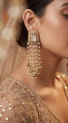 Champagne pearl jhumkas side view, Cunei India