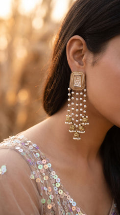 Champagne pearl jhumkas on festive look, Cunei India