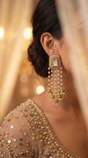 Champagne pearl jhumkas detail, Cunei India