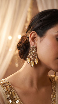 Champagne Three Tear Drop Dangle Earrings with Cubic Zirconia side view, Cunei India