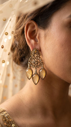 Champagne Three Tear Drop Dangle Earrings with Cubic Zirconia product photo, Cunei India