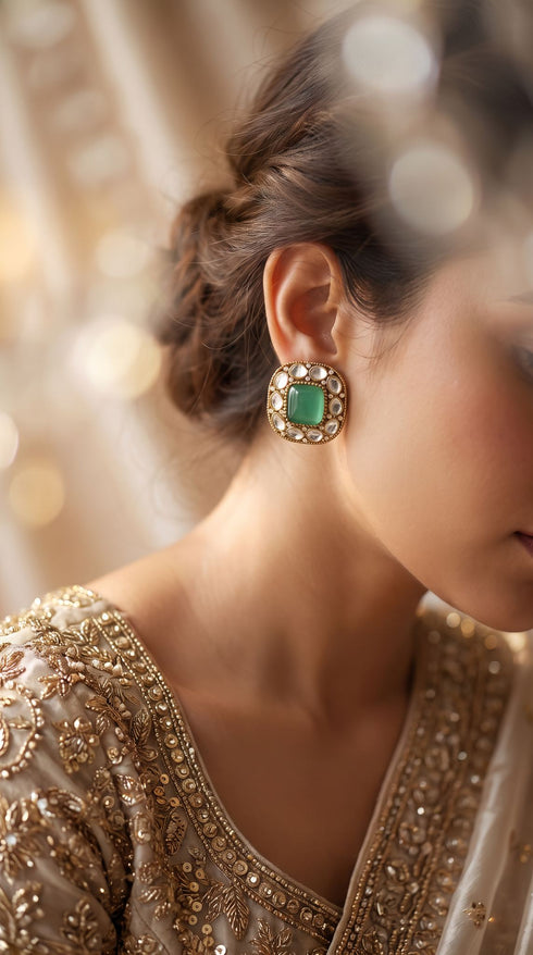 Circular Green Kundan Stud Earrings for Women
