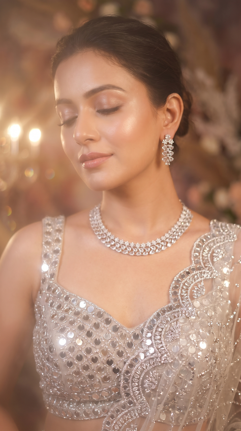 Clear Floral Motif Cz Necklace Set for Women, Cunei India